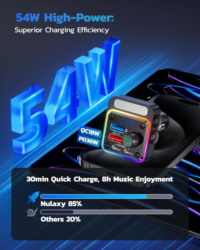 Nulaxy 54W Bluetooth 5.3 Car Adapter Charger 4-Port Fast Charging [Pd36W & Qc3.0 18W] - Image 2