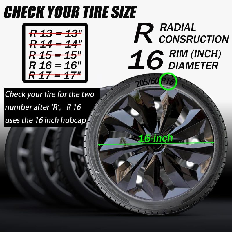 Hubcaps Wheel Cover Replacement R16 Size Hub Cap Universal-Fit Steel Wheel Rim Caps Abs Tire Covers For Most Cars Trucks Sedans Suv -Set Of 4（16-Inch，Black） - Image 2