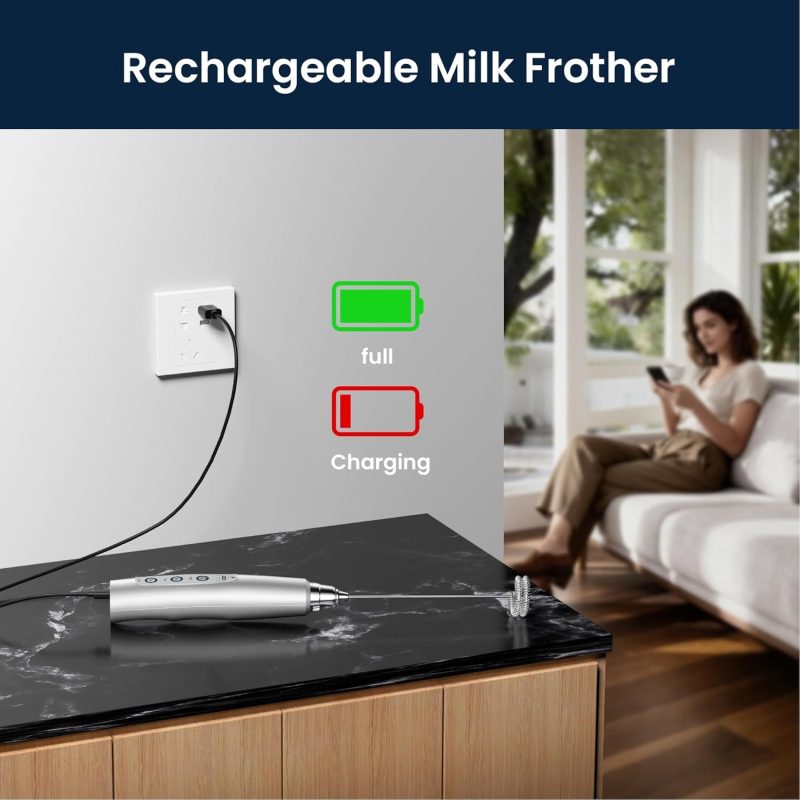 Milk Frother Rechargeable Handheld-Electric Whisk 3 Speed Adjustable - Image 3
