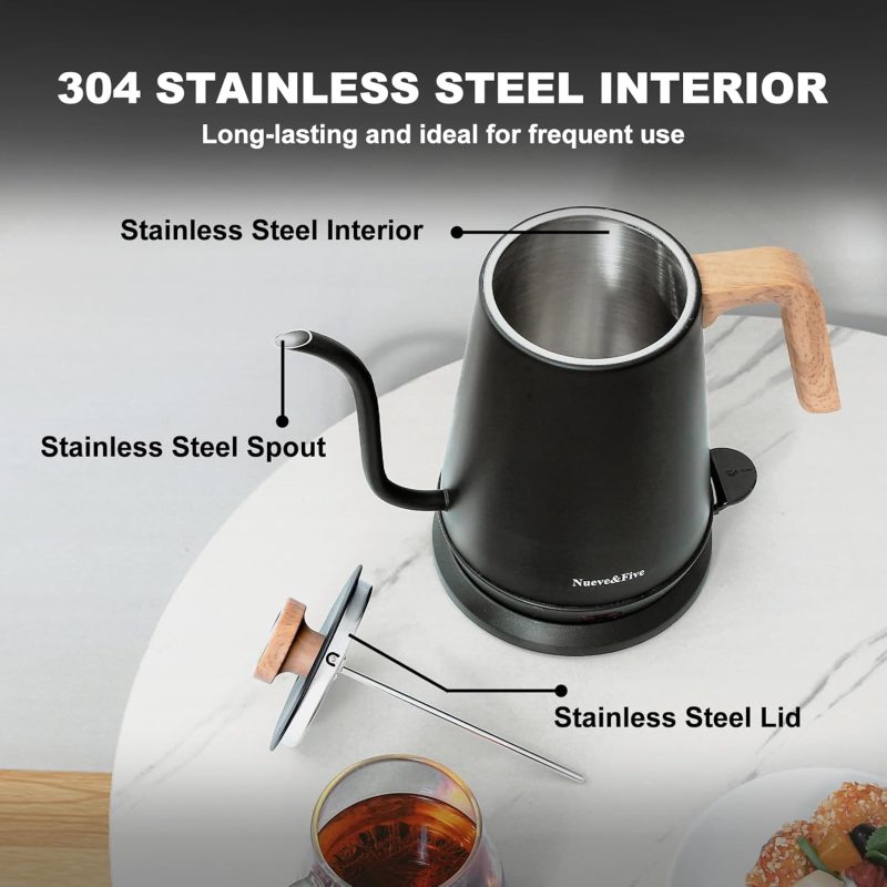 Nueve&Five Gooseneck Electric Kettle With Thermometer， Black Electric Kettle 1L With Auto Shut-Off，1000W Hot Water Kettle Of Stainless Steel， Pour Over Kettle For Coffee & Tea - Image 6