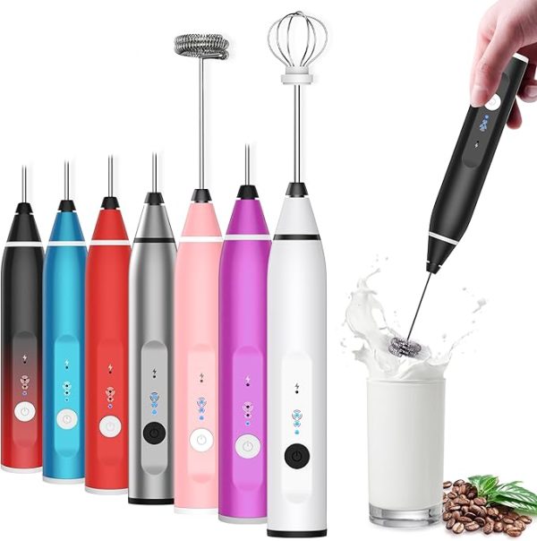 Milk Frother Rechargeable Handheld Electric Whisk Coffee Frother Mixer With 2 Stainless Whisks 3 Speed Adjustable Foam Maker Blender For Coffee Matcha Latte Cappuccino Hot Chocolate(Black)
