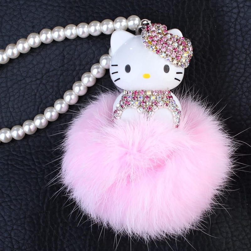 Cute Mirror Charms And Plush Ball Car Accessories For Women - Crystal And Diamond Cat Rear View Mirror Hanging Ornaments And Decor - Image 2