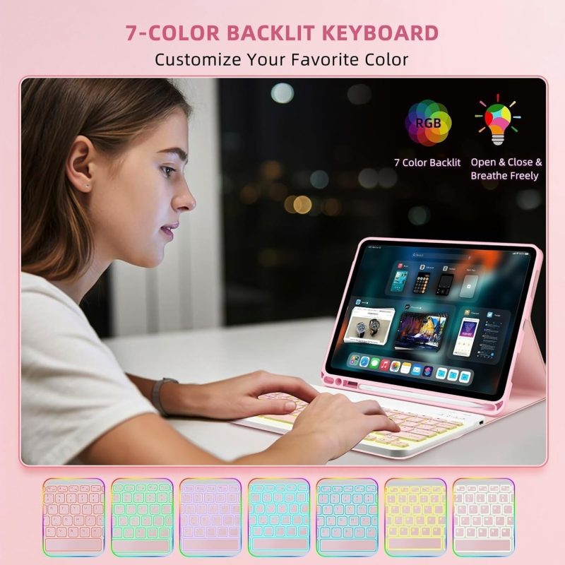 GENERIC Keyboard Case for Samsung Galaxy Tab S6 Lite 10.4 inch - 7 Colors Backlit Keyboard Cover and Mouse (Pink) - Pink - Image 5