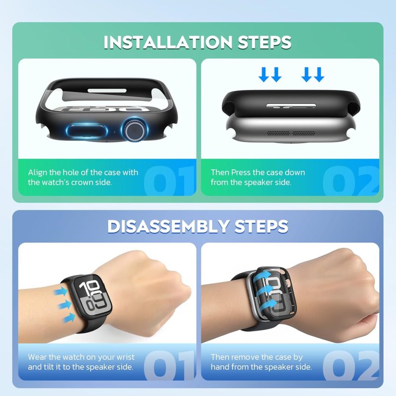 Misxi 2 Pack Tempered Glass Case Compatible for Apple Watch Series 11 (2025) Series 10 46mm, Hard PC Screen Protector Overall Protection Ultra-Thin Lightweight Scratch-Resistant Cover for iWatch, Black - Image 6