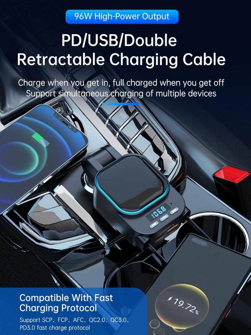 Retractable Car Charger 96W With Bluetooth Car Adapter - Image 4