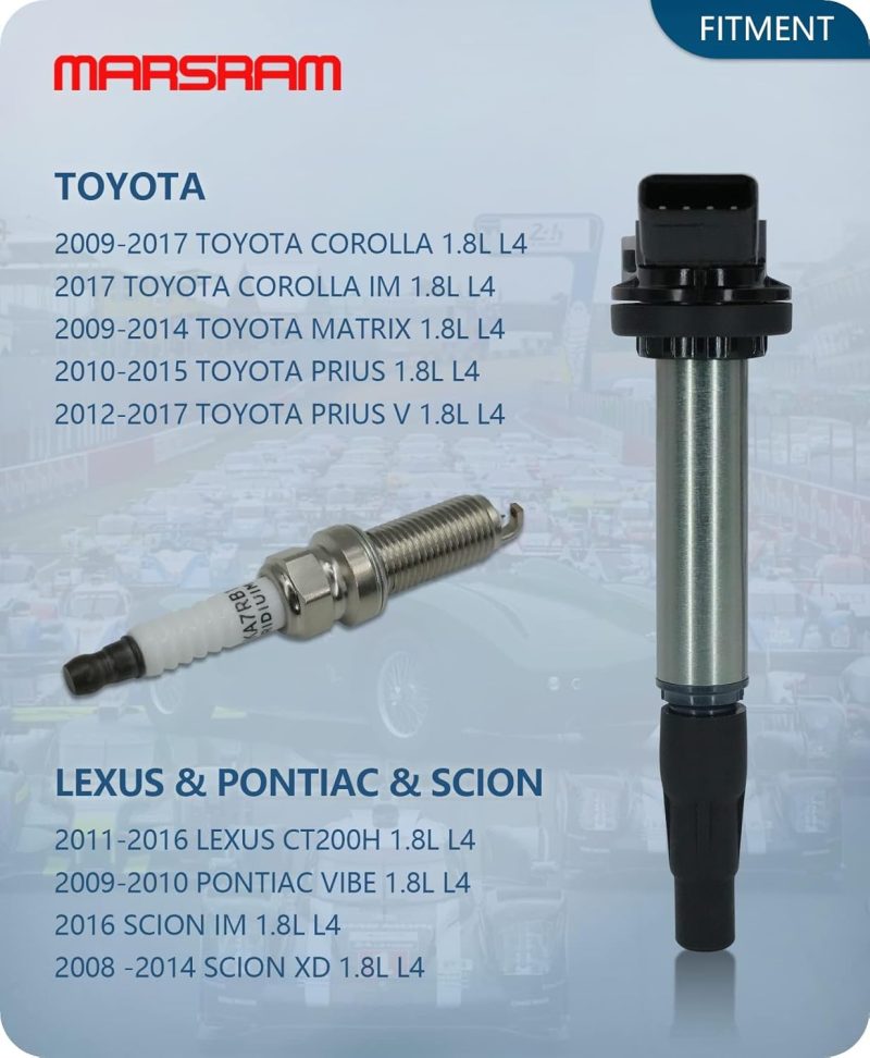 Marsram Ignition Coil Pack Uf596 & Double Iridium Spark Plug 4912 For 2009 2010 2011 Toyota Corolla Matrix Prius 2012 2013 2014 2015 2017 Lexus Scion Im Xd Pontiac Vibe 1.8L L4 Uf619 90919-02258 - Image 2