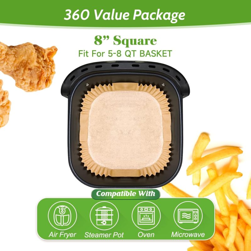 360 Pcs 8” Square Unbleached Heavy Duty Air Fryer Paper Liners Disposable - Image 2