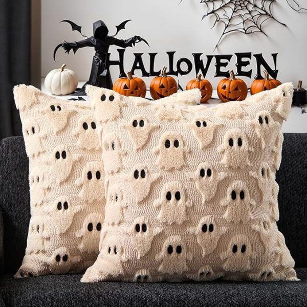 Dfxsz Halloween Pillow Covers 18X18 Inch Set Of 2 Beige Ghost Throw Pillow Cases Soft Plush Faux Fur Wool Couch Cushion Case for Chair Sofa Bedroom Living Room Home Decor Ptk03D18