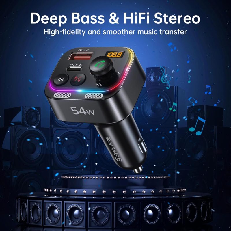 Syncwire Bluetooth 5.4 Fm Transmitter Car Adapter 54W (Pd 36W & 18W) [Stronger Dual Mics] [Light Switch] [Hifi Bass Sound] [Fast Charging] Wireless Radio Receiver Hands-Free Calling Led Display - Image 6