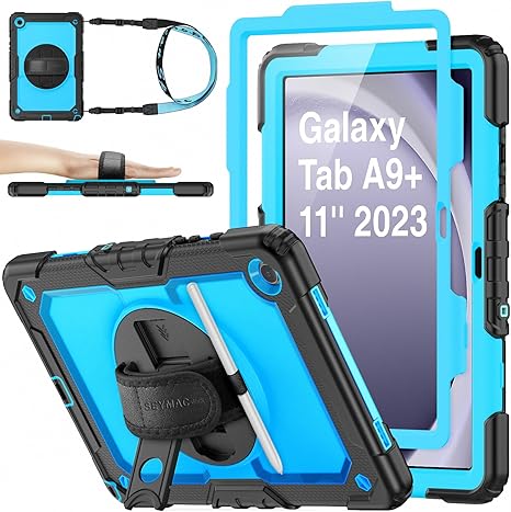 SEYMAC stock Case for Samsung Galaxy Tab A9+ Plus 11'' Full-Body Drop Protection Case with Screen Protector Pencil Holder [360° Rotating Hand Strap] &Stand SkyBlue+Black