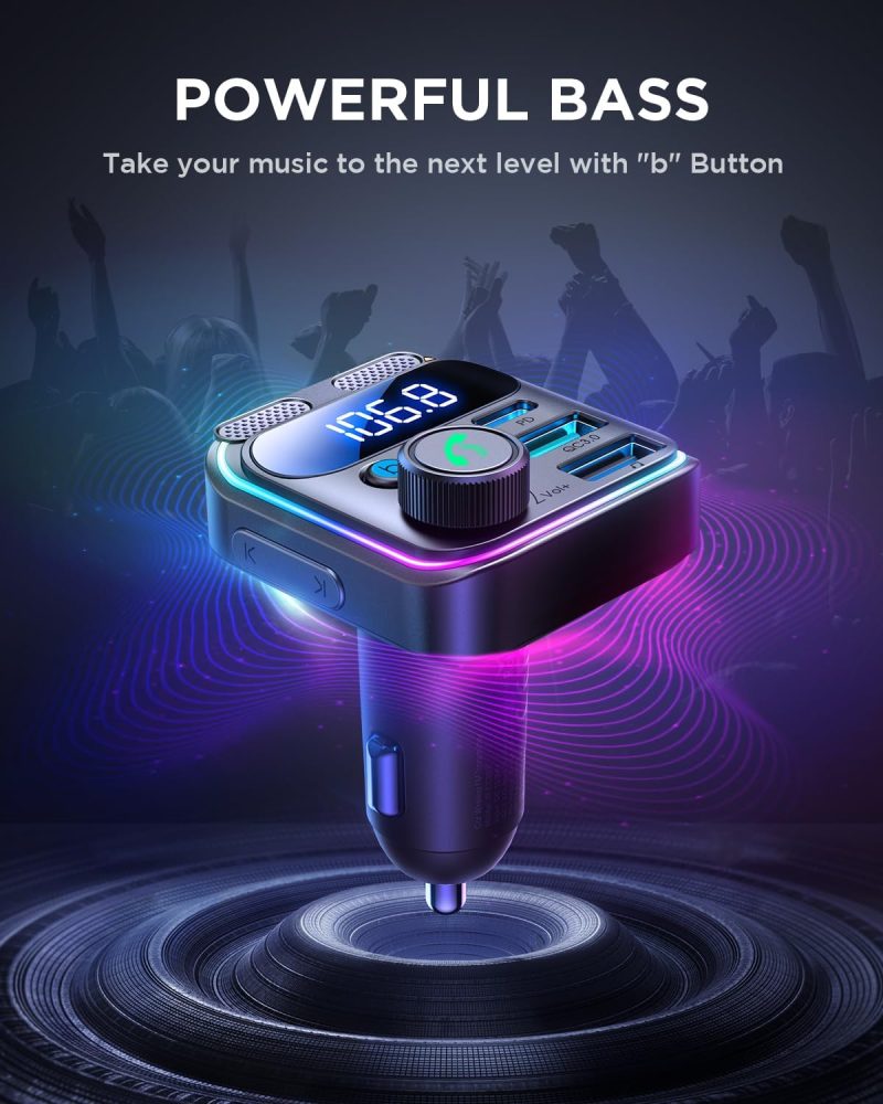 Joyroom 81W Bluetooth 5.4 Fm Transmitter Car Adapter Pd & Qc 3.0 Usb C Car Charger Cigarette Lighter Adapter Hands-Free Calling Radio Support Usb Drive [Stronger Dual Mics & Hifi Deep Bass Sound] - Image 3