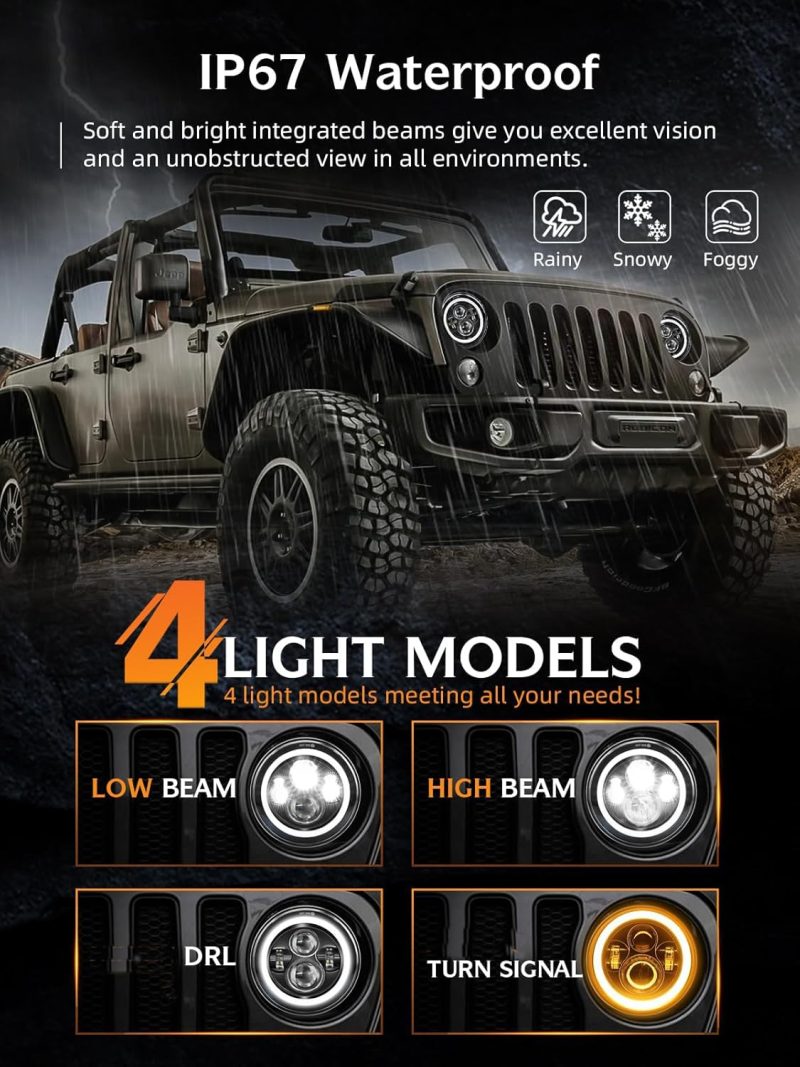 Uni-Shine Black 2Pcs 7 Inch Led Headlight Round Dot Approved H6024 Led Headlight Drl Turn Signal Compatible With Jeep Wrangler Jk Tj Cj & Miata & Chevy S3 & Hummer H1 H2 - Image 3