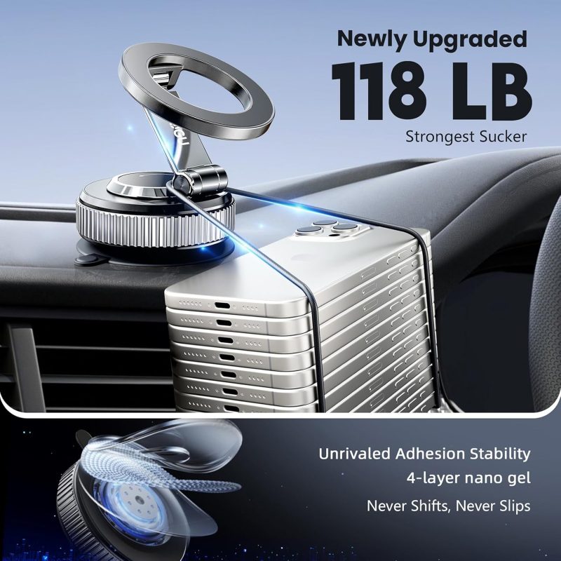 Phone Holders For Your Car 360° Adjustable 118Lbs Strong Suction Cup+2800Gf Magnet Vacuum Car Phone Holder - Image 5
