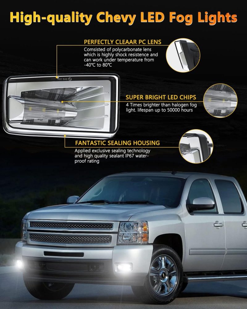 Bicyaco Led Fog Lights 5202 W/Bulbs Compatible With Silverado 1500 2500 3500 2008-2014/ Avalanche 2007-2011 / Suburban 2007-2014/ Tahoe 2007-2014/ Gmc 07-15 Sierra/Yukon W/Off-Road Package - Chrome - Image 2