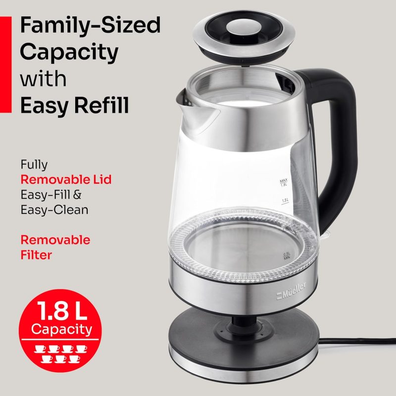 Mueller Rapid Boil Electric Kettle 1.8L – Borosilicate Glass & Stainless Steel – Bpa-Free Tea Kettle - Image 4