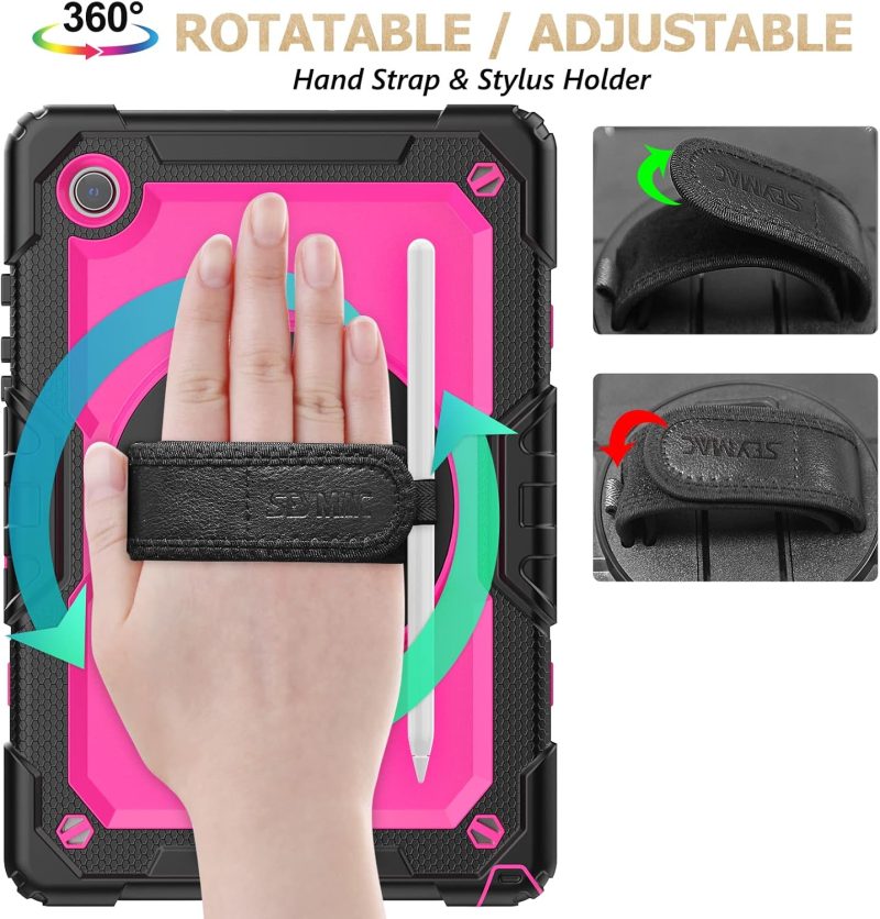 SEYMAC stock Case for Samsung Galaxy Tab A9+ Plus 11'' Full-Body Drop Protection Case with Screen Protector Pencil Holder [360° Rotating Hand Strap] &Stand Pink+Black - Image 3