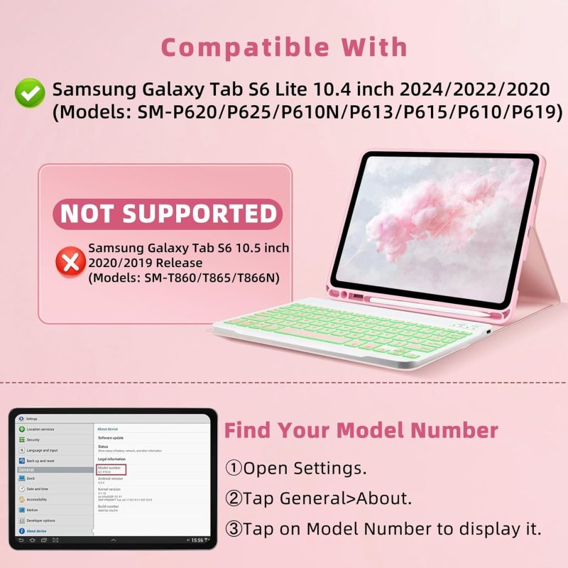 GENERIC Keyboard Case for Samsung Galaxy Tab S6 Lite 10.4 inch - 7 Colors Backlit Keyboard Cover and Mouse (Pink) - Pink - Image 2