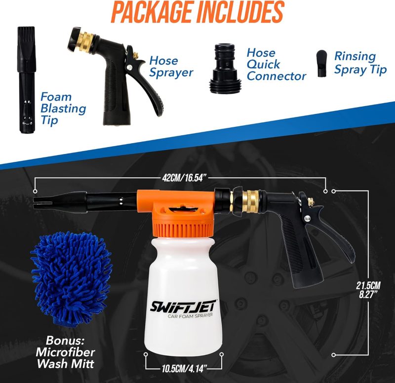 Swiftjet Car Wash Foam Gun + Microfiber Wash Mitt - Foam Cannon Works With Any Soap - Garden Hose Car Foam Sprayer - Car Wash Kit - Car Accessories Foam Blaster (Orange Foam Gun With Mitt) - Image 2
