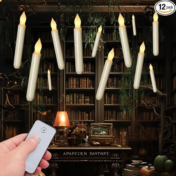 Homemory Led Batteries Operated Taper Candles With Remote, Flickering Light Flameless Taper Window Candles, Set Of 12 Warm Yellow Fake Candles for Halloween, Church, Party