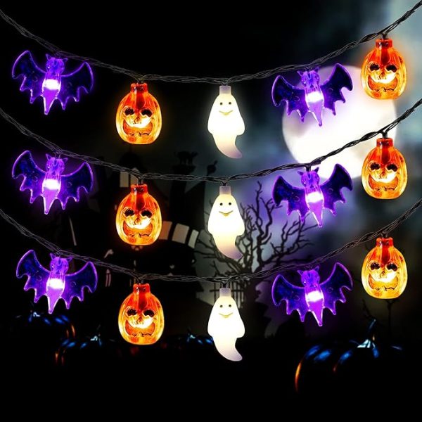 Mosoan Halloween Lights, 20Ft 30 Led Pumpkin Ghost Bat String Lights Battery Operated With Timer, 8 Light Modes Halloween Fairy Lights for Indoor Outdoor Party Home Yard Window Decor