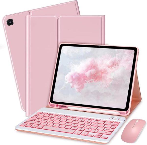 GENERIC Keyboard Case for Samsung Galaxy Tab S6 Lite 10.4 inch - 7 Colors Backlit Keyboard Cover and Mouse (Pink) - Pink
