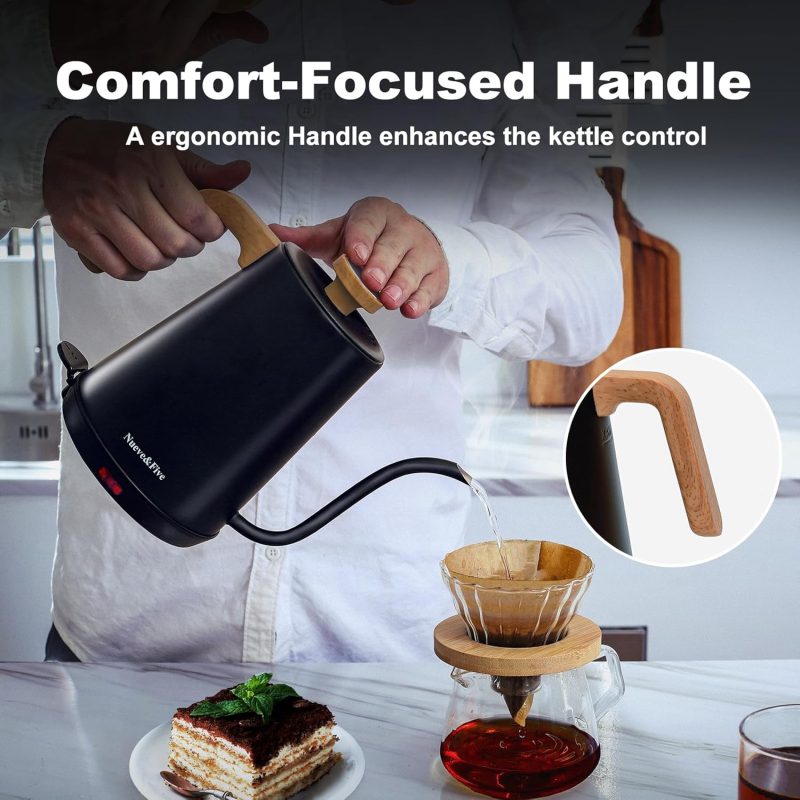 Nueve&Five Gooseneck Electric Kettle With Thermometer， Black Electric Kettle 1L With Auto Shut-Off，1000W Hot Water Kettle Of Stainless Steel， Pour Over Kettle For Coffee & Tea - Image 5