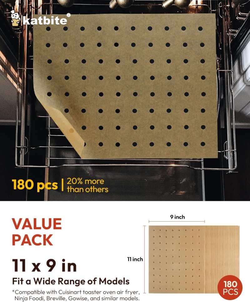 Katbite Air Fryer Parchment Paper Liners 180Cs Airfryer Liners Disposable 9X11 Inch Perforated Parchment Paper Sheets Basket Liner Accessories For Toaster Oven - Image 2