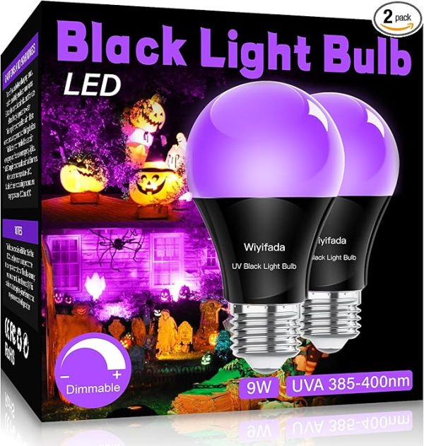 Led Black Light Bulbs 2 Pack, A19 9W Uv Black Light Replace Up To 100W, 120V E26 Base Uva Level 385-400Nm, Glow In The Dark for Body Pain, Blacklights Party, Halloween