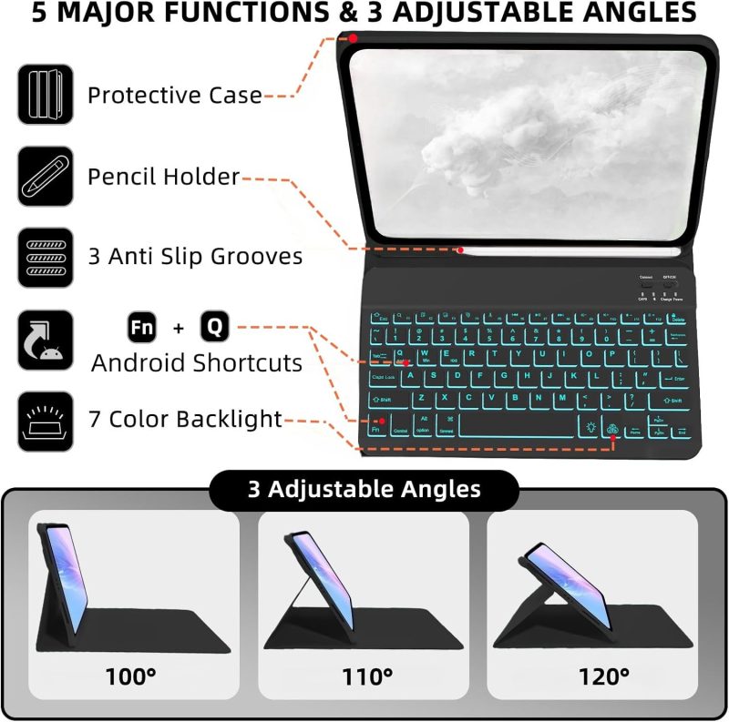 GENERIC Keyboard Case for Samsung Galaxy Tab S6 Lite 10.4 inch - 7 Colors Backlit Keyboard Cover and Mouse (Black) - Black - Image 3