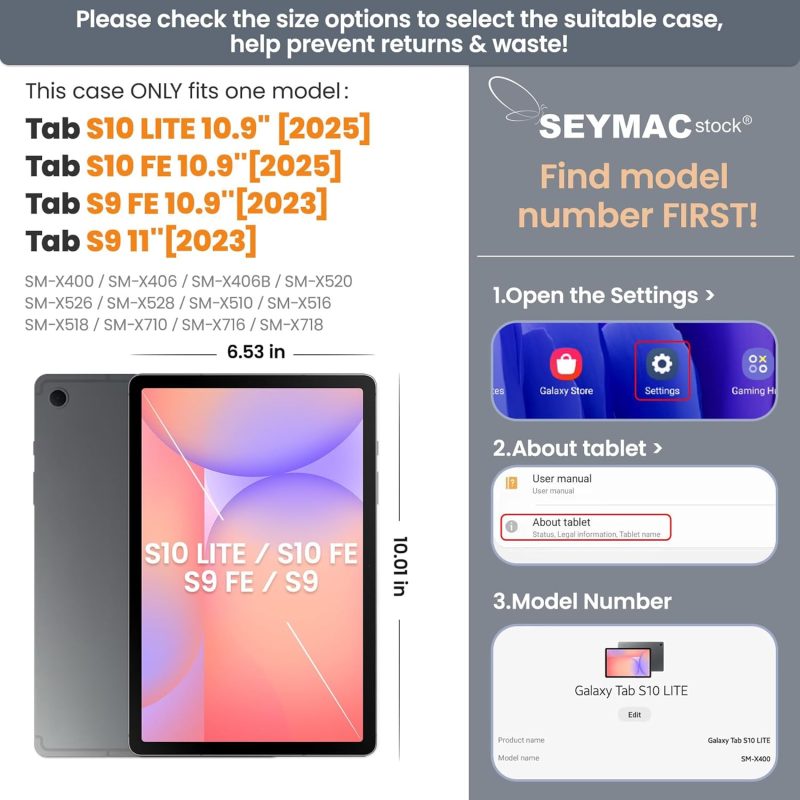 SEYMAC stock Case for Samsung Galaxy Tab S10 Lite / S10 FE / S9 FE 5G / S9 Tablet Case 10.9''/ 11'' Protective with Screen Protector Pen Holder 360 Rotate Stand Hand Strap Shoulder Strap Black1 - Image 2