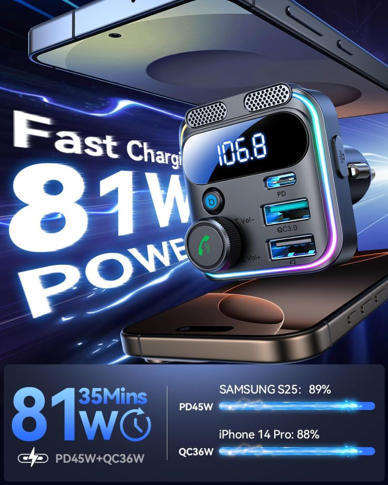 Joyroom 81W Bluetooth 5.4 Fm Transmitter Car Adapter Pd & Qc 3.0 Usb C Car Charger Cigarette Lighter Adapter Hands-Free Calling Radio Support Usb Drive [Stronger Dual Mics & Hifi Deep Bass Sound] - Image 4