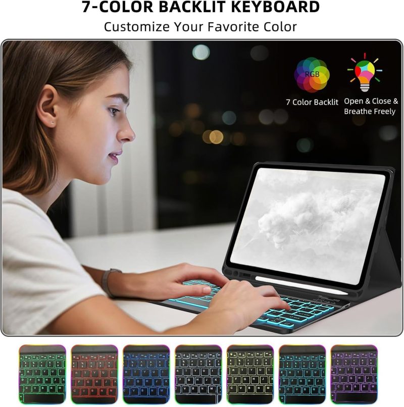 GENERIC Keyboard Case for Samsung Galaxy Tab S6 Lite 10.4 inch - 7 Colors Backlit Keyboard Cover and Mouse (Black) - Black - Image 5