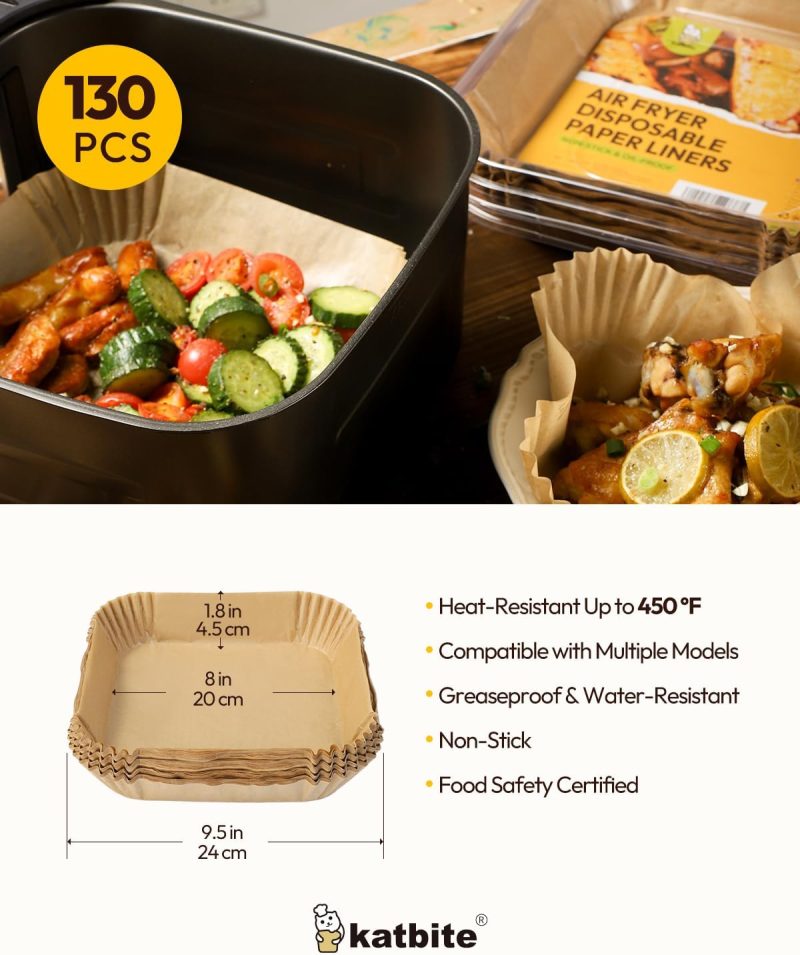 Katbite Air Fryer Liners Disposable - 8 Inch Square Non-Stick Airfryer Paper Liners - Image 2