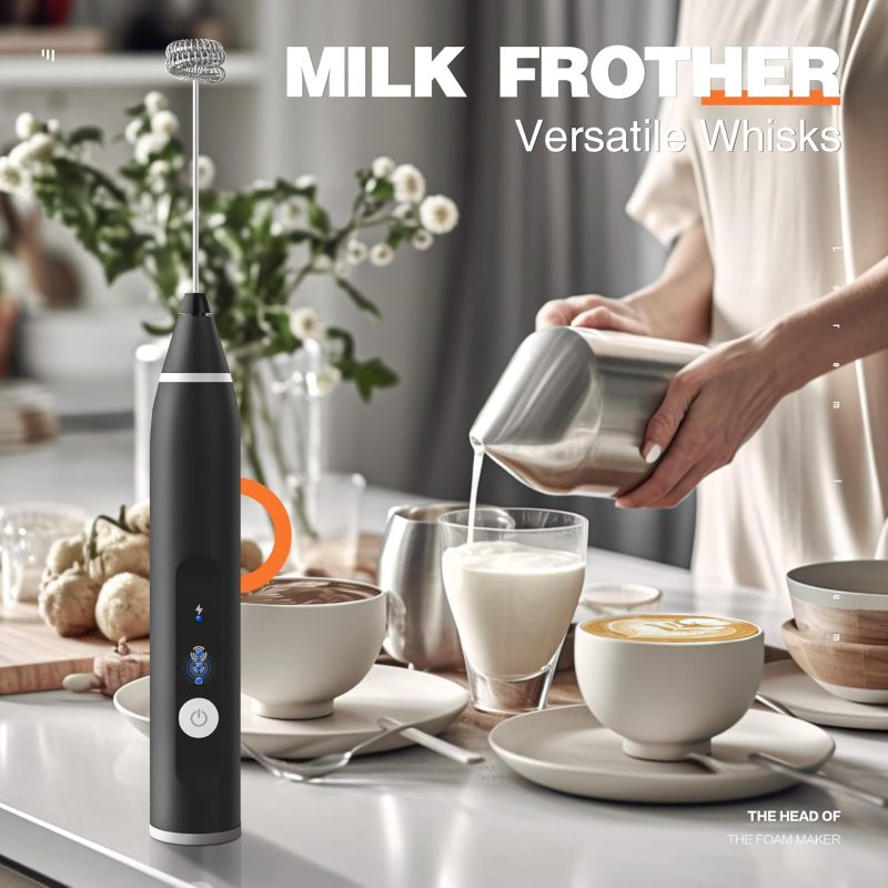 Milk Frother Rechargeable Handheld Electric Whisk Coffee Frother Mixer With 2 Stainless Whisks 3 Speed Adjustable Foam Maker Blender For Coffee Matcha Latte Cappuccino Hot Chocolate（Black） - Image 4