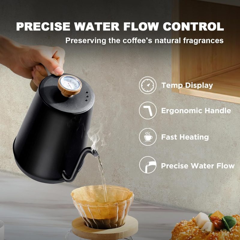 Nueve&Five Gooseneck Electric Kettle With Thermometer， Black Electric Kettle 1L With Auto Shut-Off，1000W Hot Water Kettle Of Stainless Steel， Pour Over Kettle For Coffee & Tea - Image 2