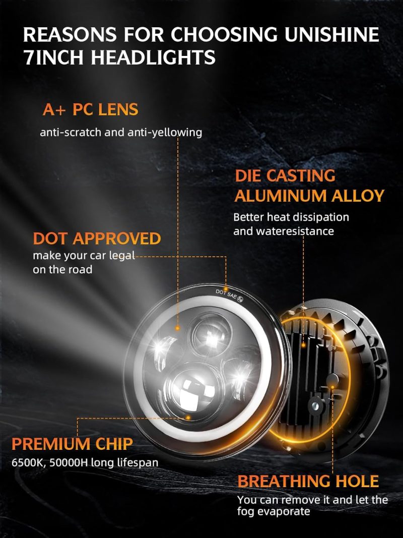 Uni-Shine Black 2Pcs 7 Inch Led Headlight Round Dot Approved H6024 Led Headlight Drl Turn Signal Compatible With Jeep Wrangler Jk Tj Cj & Miata & Chevy S3 & Hummer H1 H2 - Image 5