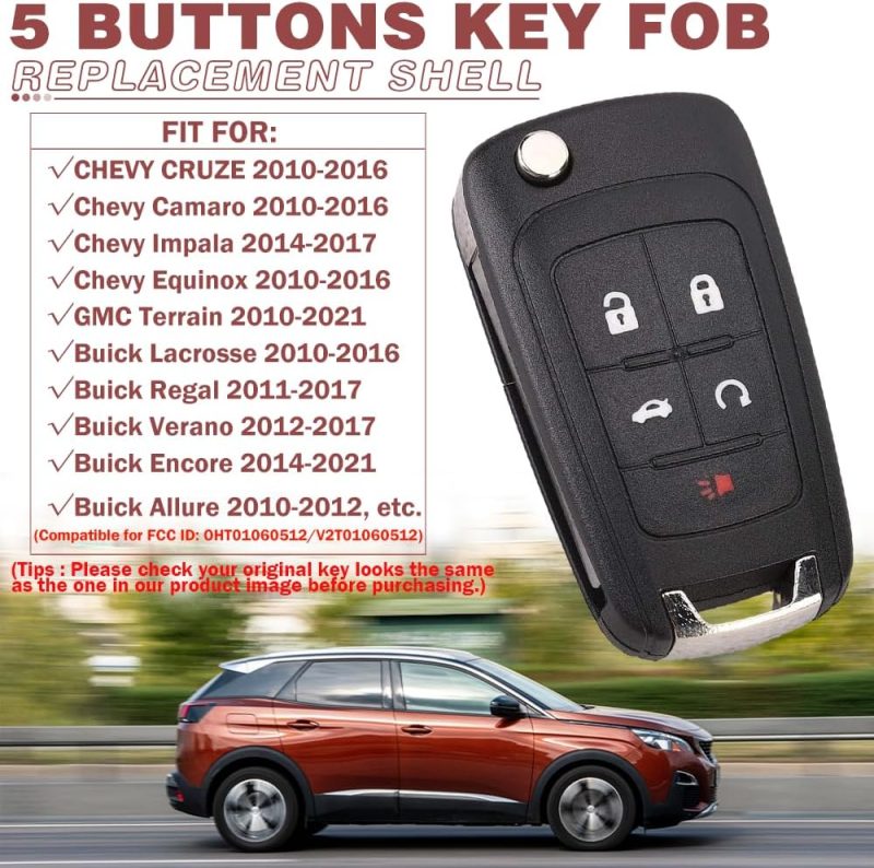 Key Fob Case Replacement 5 Button For Chevy Cruze Camaro Impala Equinox Gmc Terrain Buick Regal Lacrosse 2010 2011 2012 2013 2014 2015 2016 2017 Keyless Entry Remote Control Car Key Fob Shell - 2 Pack - Image 3