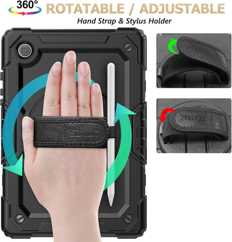 SEYMAC stock Case for Samsung Galaxy Tab A9+ Plus 11'' Full-Body Drop Protection Case with Screen Protector Pencil Holder [360° Rotating Hand Strap] &Stand Black - Image 3
