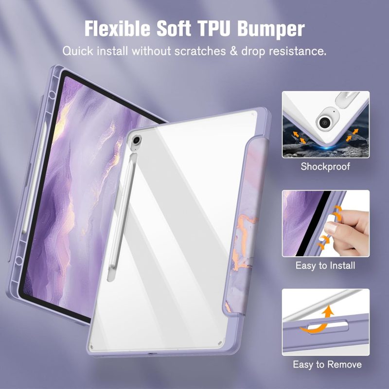 S10 Fintie Hybrid Slim Case for Samsung Galaxy Tab S10 FE Plus 13.1 Inch 2025 Model (SM-X620/X626) with S Pen Holder Shockproof Cover with Clear Transparent Back Shell Auto Wake/Sleep Lilac Marble - Image 4