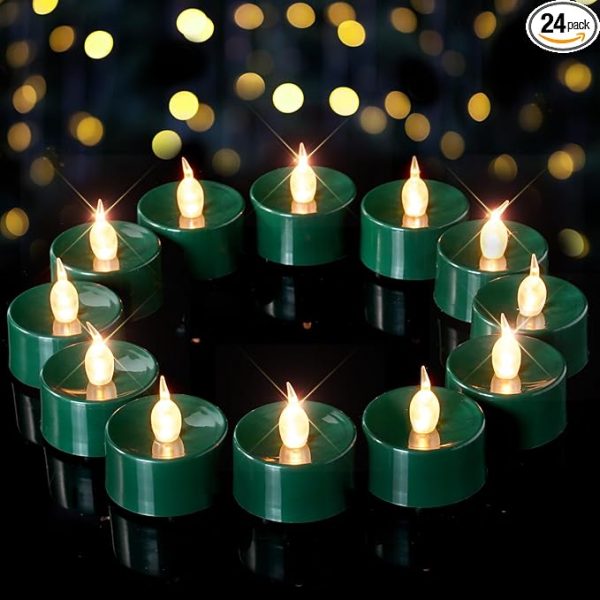 Green Led Candles, 24 Pack Tea Lights Candles Battery Operated, Flameless Tealight Candle, Realistic Tea Lights for Halloween Christmas Party Decor Mardi Gras
