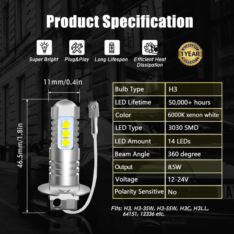 H3 Led Fog Light Bulbs 6000K Xenon White - Image 6