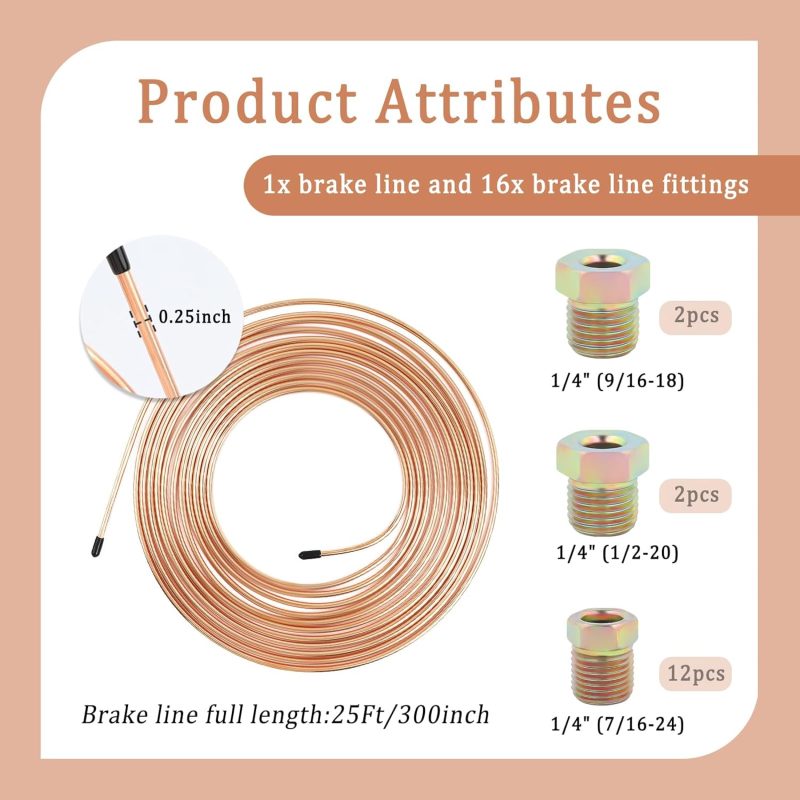 25Ft 1/4 Brake Line Kit With 16 Inverted Flare Brake Line Fittings - Image 2