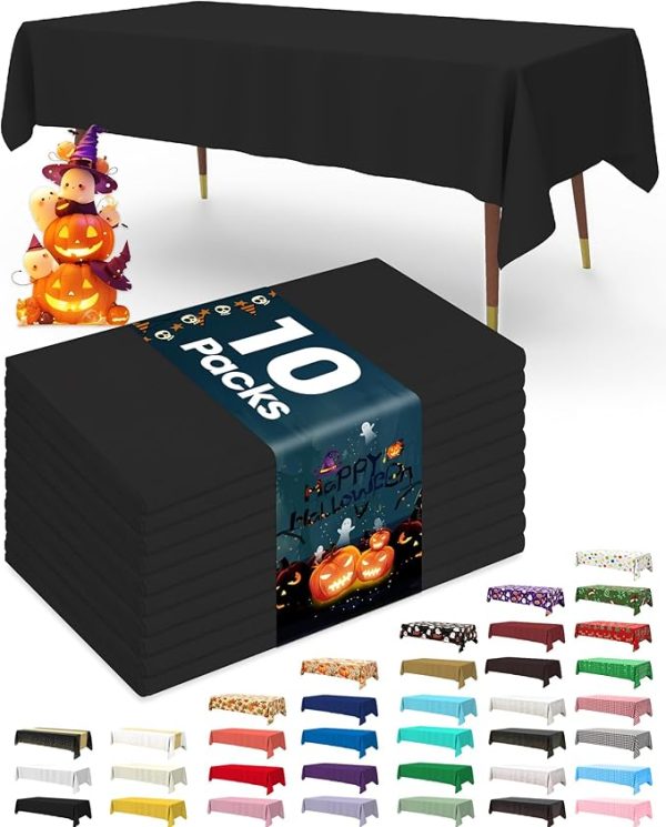 Pureegg Plastic Table Cloth Disposable 10 Pack, 54 X 108 Inch Table Cloths, Halloween Party Decorations, Summerween Decor, Halloween Tablecloths, Rectangle, Plastic Cover, Leakproof & Sturdy, Black