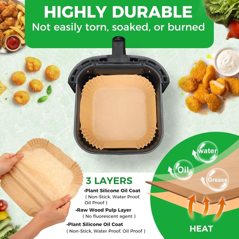 Air Fryer Disposable Paper Liners - 150Pcs 8In Square Parchment Paper Non-Stick Airfryer Basket Liners For Steamer Microwave Oven - Image 3