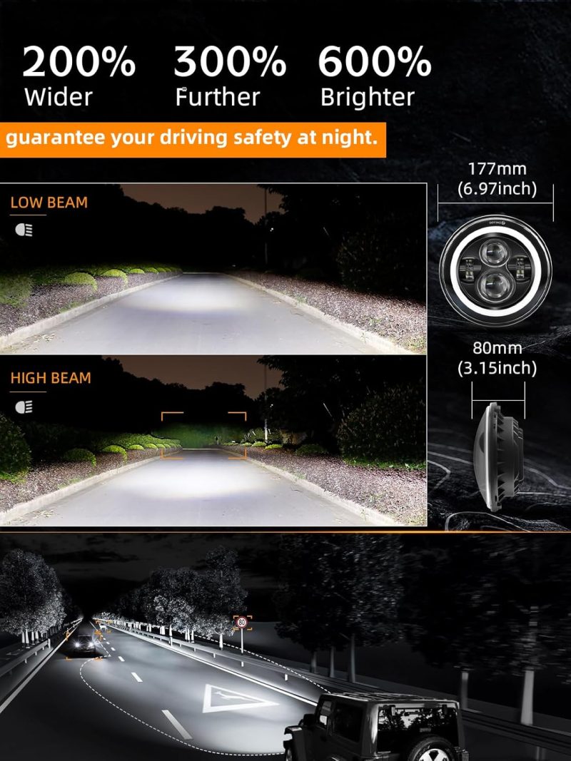 Uni-Shine Black 2Pcs 7 Inch Led Headlight Round Dot Approved H6024 Led Headlight Drl Turn Signal Compatible With Jeep Wrangler Jk Tj Cj & Miata & Chevy S3 & Hummer H1 H2 - Image 4