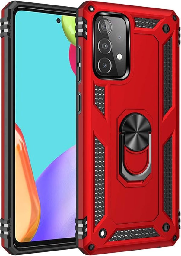 Dionsibei Military Grade Drop Impact for Samsung Galaxy A52 5G Case 360 Metal Rotating Ring Kickstand Holder Armor Heavy Duty Shockproof Case for Galaxy A52 5G/4G Phone Case (Red)