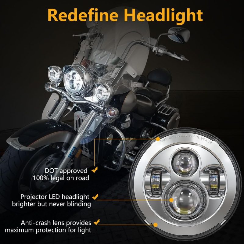 Truckmall 7 Inch Led Headlight Fog Passing Lights Dot Kit Ring Motorcycle For Touring Road King Ultra Classic Electra Street Glide Tri Cvo Heritage Softail Slim Deluxe Fatboy Chrome - Image 2