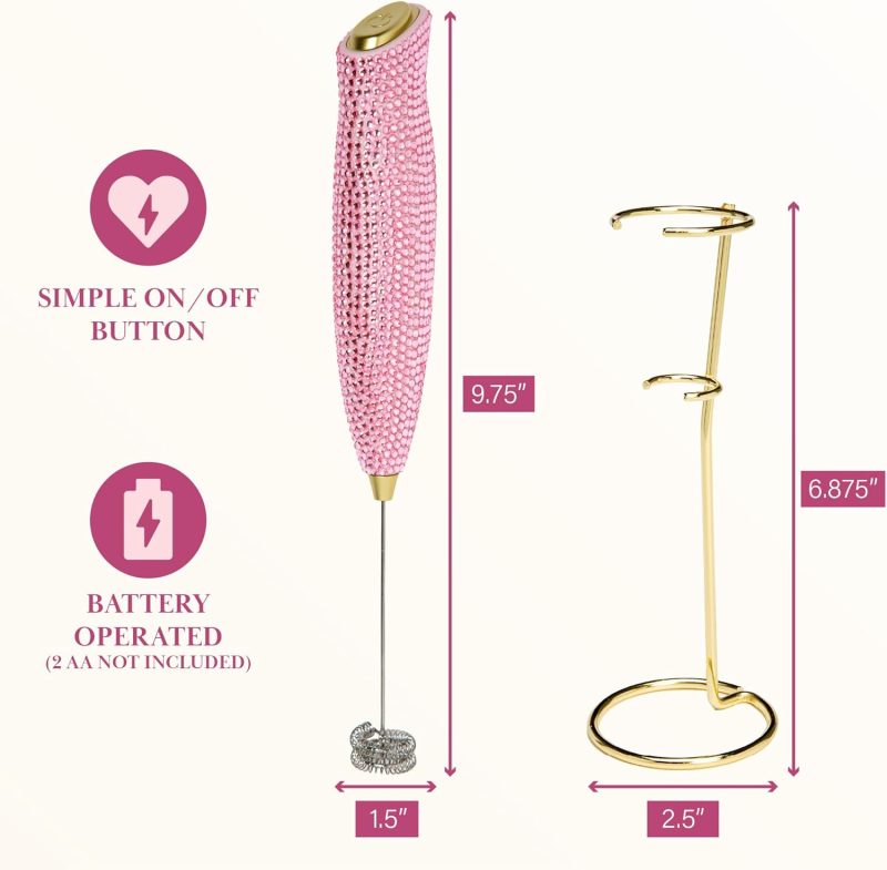 Paris Hilton Electric Rhinestone Handheld Milk Frother With Double Coil Head Whisk And Gold Metal Stand - Image 5