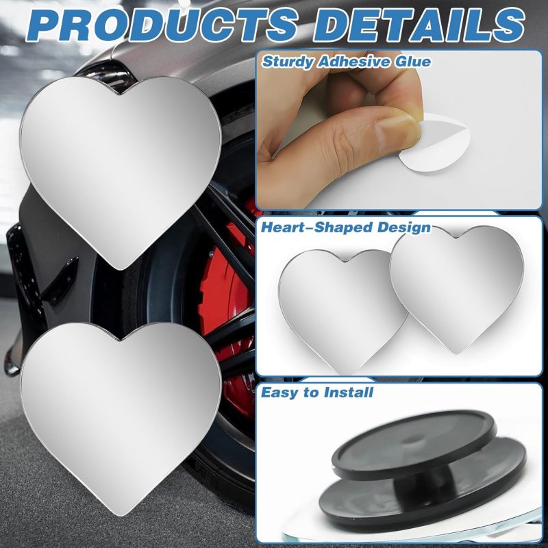 2Pcs Cars Heart Shaped Blind Spot Mirrors Car Side Mirror Blindspot Adjustabe Angle Removable Wide Angle Convex Rearview Mirror For Enhanced Safety Universal Fit Stick - Image 3