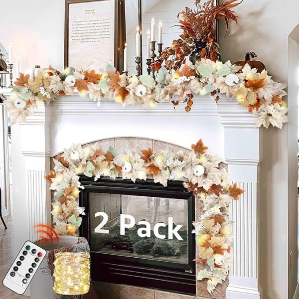 Neutral Fall Garland for Mantle Fireplace - 2 Pack 6Ft Outdoor Autumn Leaves Decor for Home Front Door With Pumpkins Indoor Maple for Farmhouse Table Stairs Porch Halloween Thanksgiving Decorations